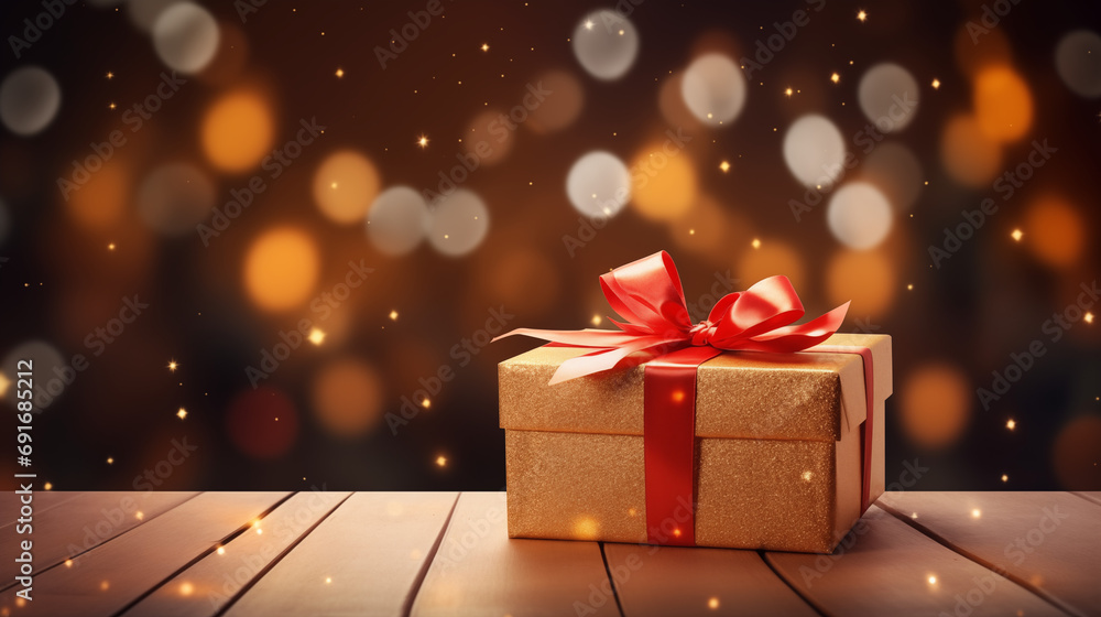Gift box with red bow and baubles on wood - Magic dark golden bokeh lights background Gift box with red bow and baubles on wood - Magic dark golden bokeh lights background