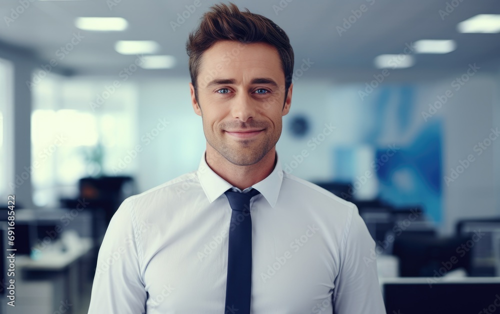 Portrait of a 30 year old smiling businessman standing in a modern office and looking at the camera Portrait of a 30 year old smiling businessman standing in a modern office and looking at the camera