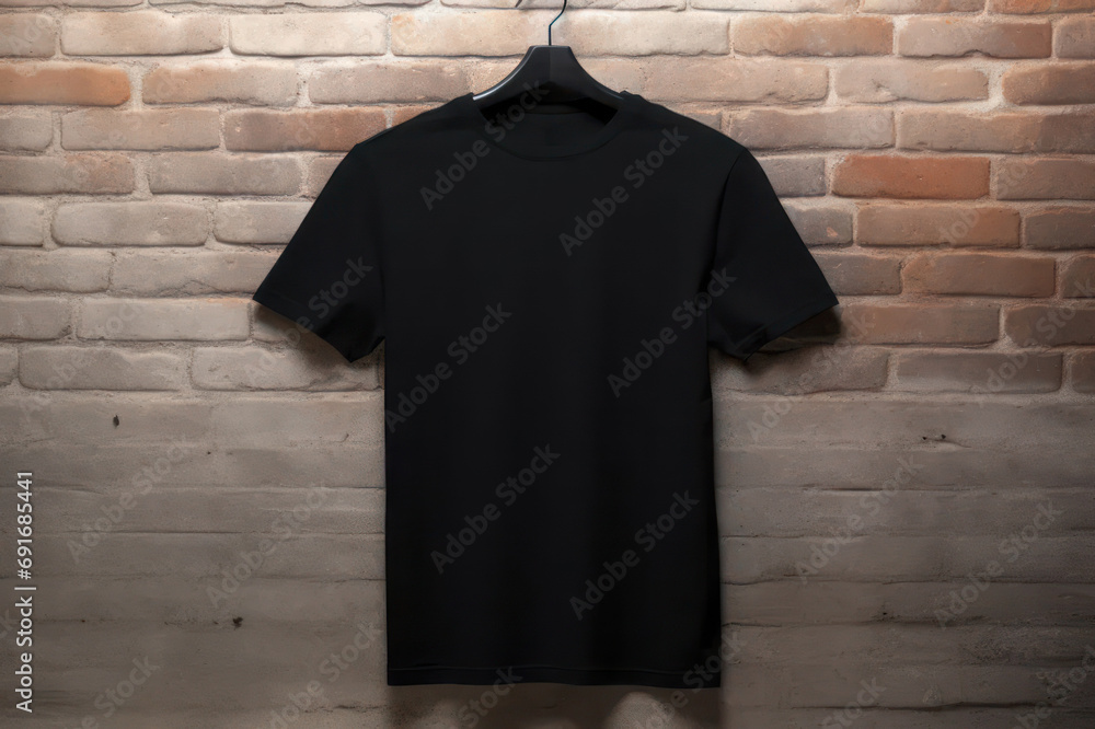 Mockup. Black T-shirt on a brick wall background, template. AI generative. Mockup. Black T-shirt on a brick wall background, template. AI generative.