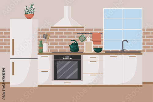 Interior design vector illustration. Kitchen in light colors with brick wall.