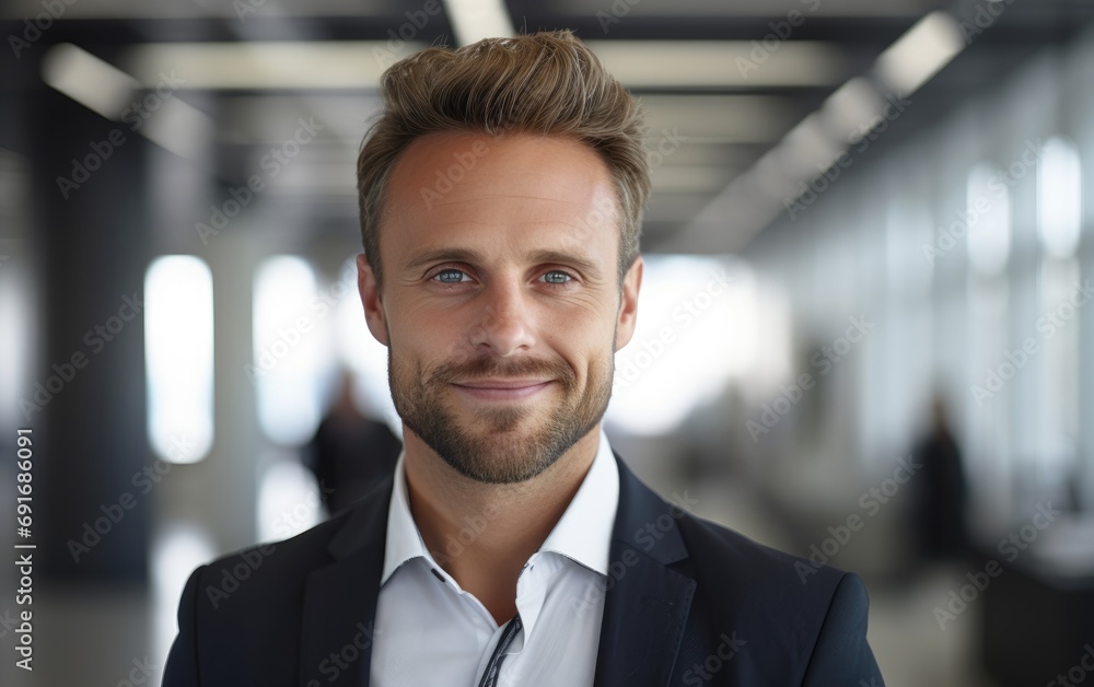 Portrait of a 30 year old smiling businessman standing in a modern office and looking at the camera Portrait of a 30 year old smiling businessman standing in a modern office and looking at the camera