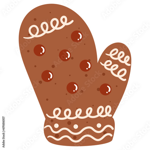 Winter traditional gingerbread cookie. Mitten with red and white glaze.