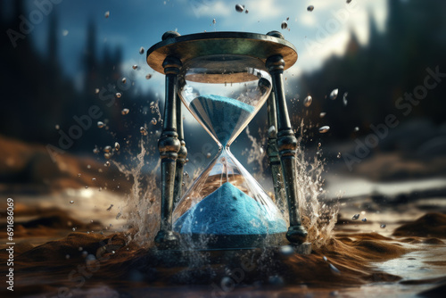 A shattered hourglass with sand suspended in mid-air, capturing the frozen moment between the passage of time. Concept of temporal suspension. Generative Ai.