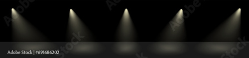 Theater show spotlight effect. Vector spot lightened stage background. White lamp glow in black concert studio. Night award scene.