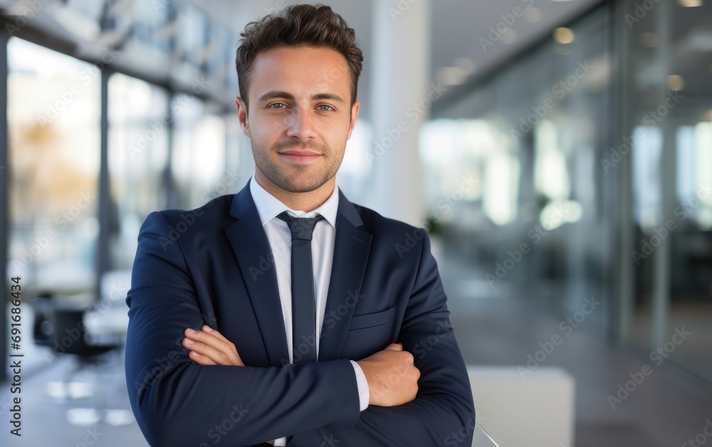 Portrait of a 30 year old smiling businessman standing in a modern office and looking at the camera Portrait of a 30 year old smiling businessman standing in a modern office and looking at the camera