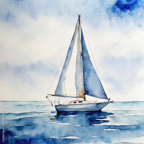Watercolor sailboat on blue ocean water artwork