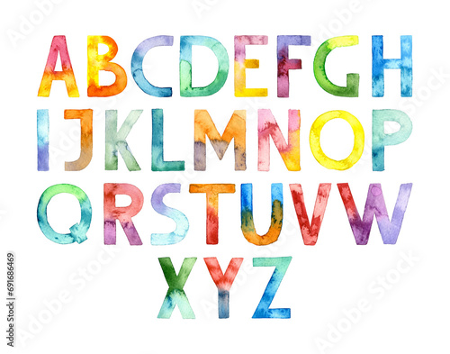 Hand drawn watercolor colored alphabet. Colorful font isolated background. Suitable for print  postcard  sketchbook cover  poster  stickers  your design.