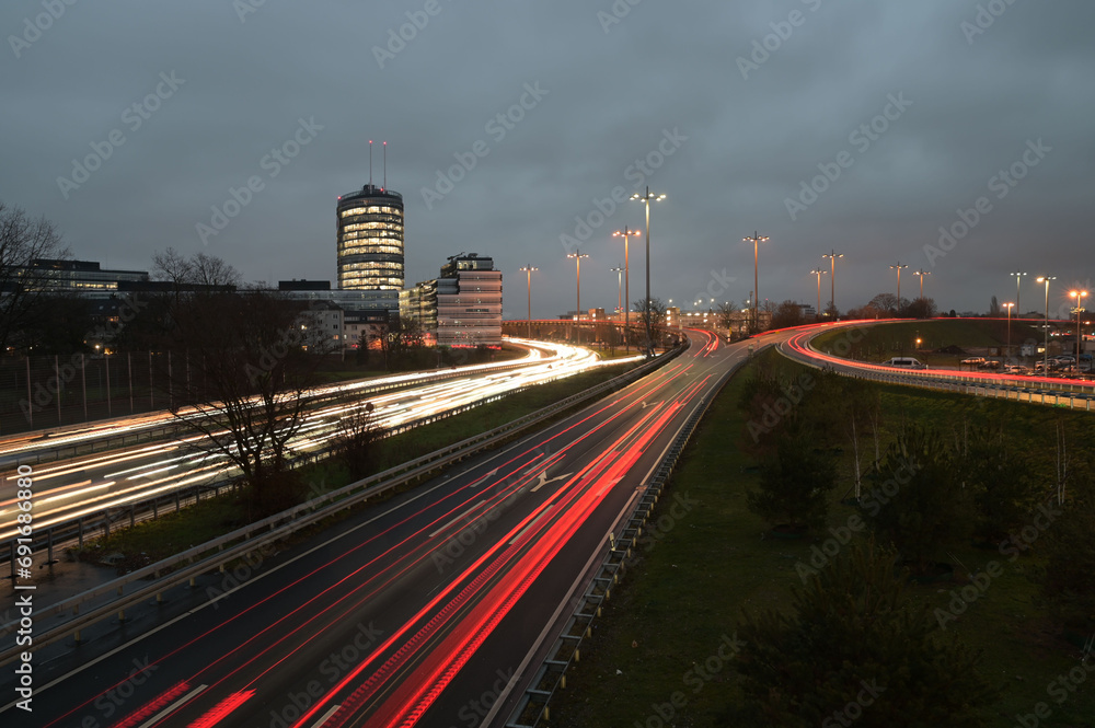Long exposure shot of the light trails on B7 and A52 freeway near Meerbusch