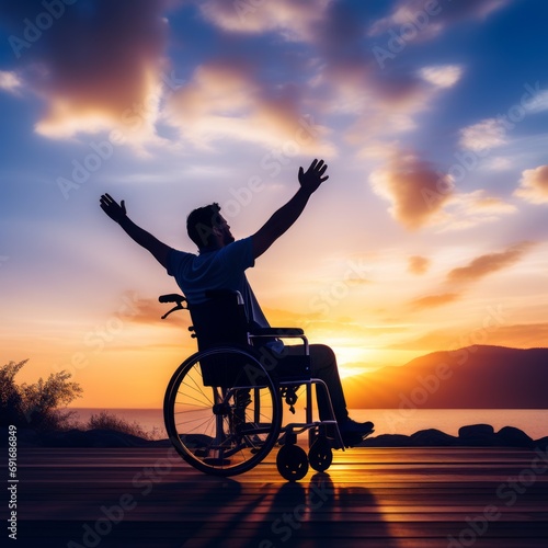 silhouette of disabled handicapped young man in wheelchair raised hands in sunset