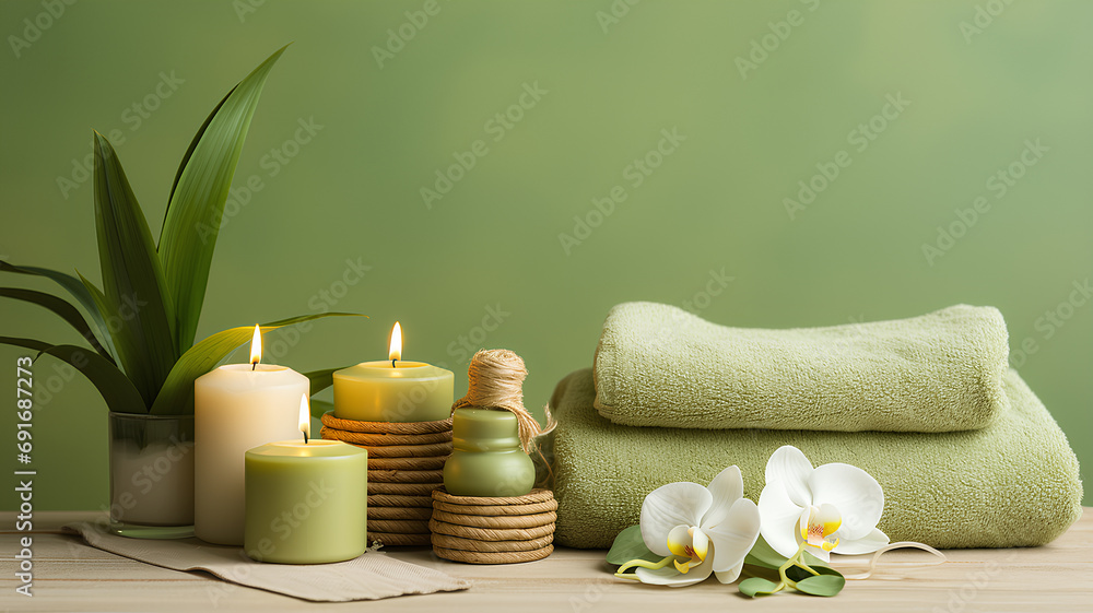 Warm spa atmosphere with towels, oil, flowers and candles as decor on light green background. An atmosphere of relaxation, tranquility and pleasure.
