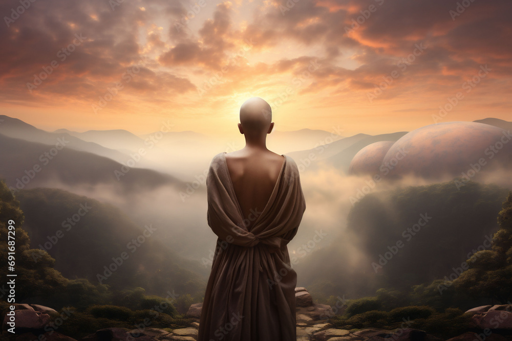 A woman with a bald head stands in the mountains and looks at the sunset or sunrise and prays for health. A cancer patient has survived breast cancer thanks. World cancer day banner. Copy space