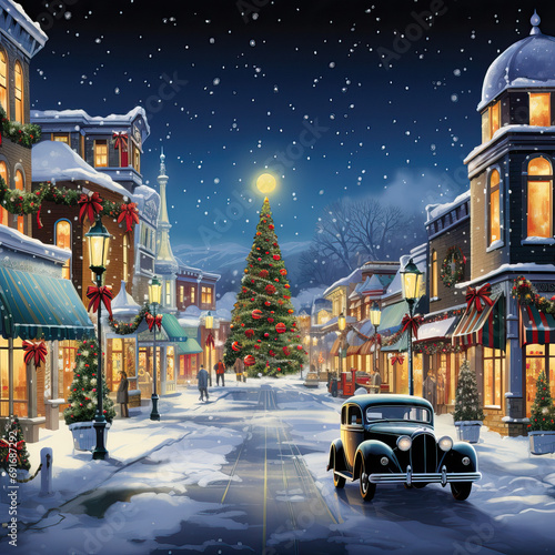 Vintage painting of christmas city background at winter night in december greeting card 