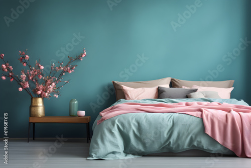 Interior de dormitorio minimalista con pared azul y cama de madera con ropa de cama rosa