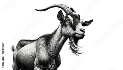 Black and white goat with long horns photo