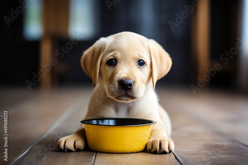 labrador retriever puppy in the kitchen. puppy near a bowl. Pet feeding concept. Fluffy dog waiting for food in kitchen in home. 