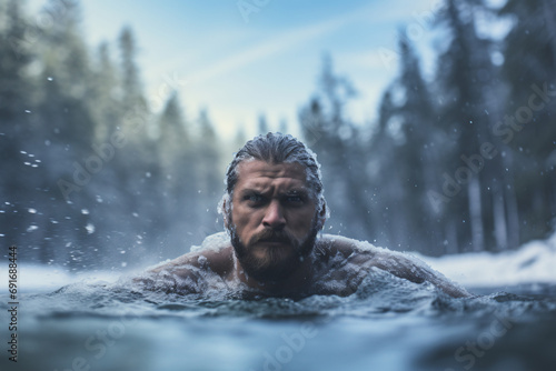  Athletic man swimming in ice-cold water outdoors © Dennis