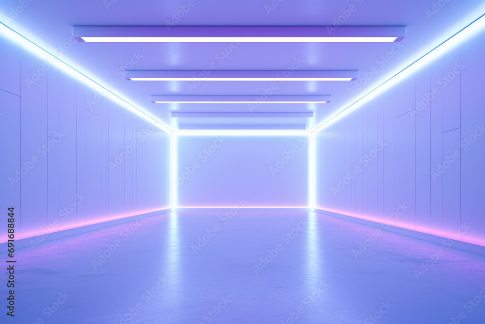 Empty room with white neon lights for product presentation