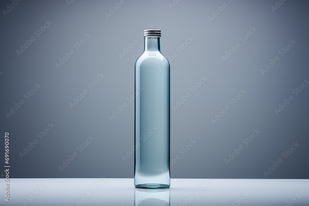 glass minimalist water bottle with silver cap on grey background, template with blank space for text or design, packaging mockup glass minimalist water bottle with silver cap on grey background, template with blank space for text or design, packaging mockup