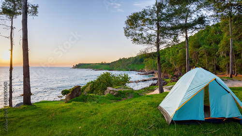 A blue tent on the shore by the woods