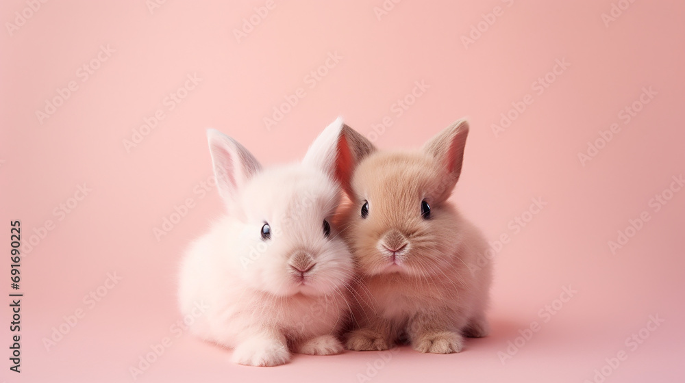 Cute rabbits on pink background.