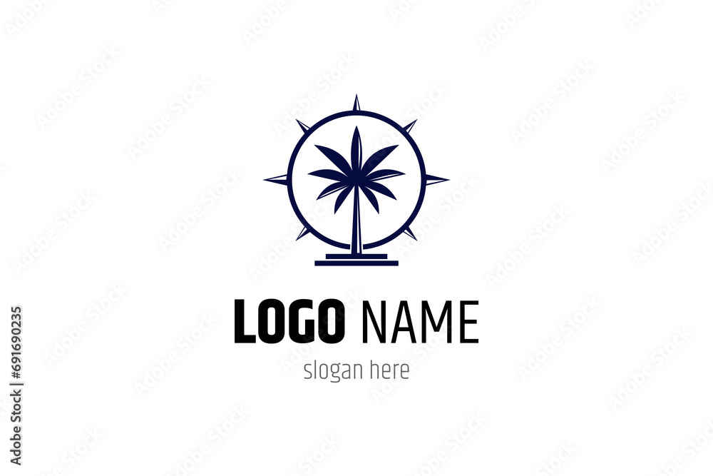 Palm tree logo with compass icon in flat design style Palm tree logo with compass icon in flat design style