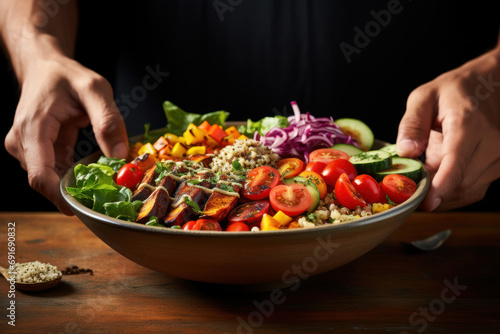 A person assembling a nourishing Buddha bowl with quinoa  roasted vegetables  and a tahini dressing. Concept of a well-balanced vegan meal. Generative Ai.
