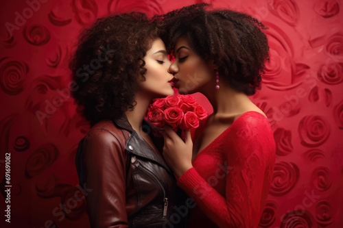 Beautiful afro-american and latino curly woman kissing each other. Friends or lesbian couple celebrating valentine's day, holding bouquet of roses over pink background. LGBT love friendship Copy space
