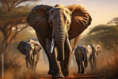 A wise old elephant leading its herd through the grasslands, showcasing the familial and leadership dynamics within elephant communities. Concept of family bonds in wildlife. Generative Ai.