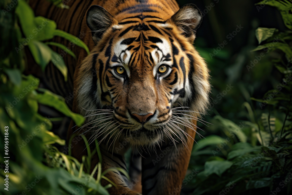 A regal Bengal tiger patrolling its territory in the dense jungle, highlighting the critical conservation efforts needed to protect endangered big cat species. Generative Ai. A regal Bengal tiger patrolling its territory in the dense jungle, highlighting the critical conservation efforts needed to protect endangered big cat species. Generative Ai.