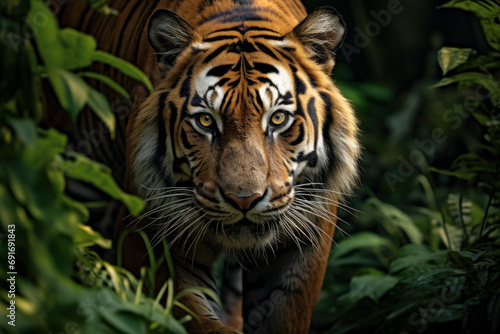 A regal Bengal tiger patrolling its territory in the dense jungle, highlighting the critical conservation efforts needed to protect endangered big cat species.  Generative Ai. © Sebastian