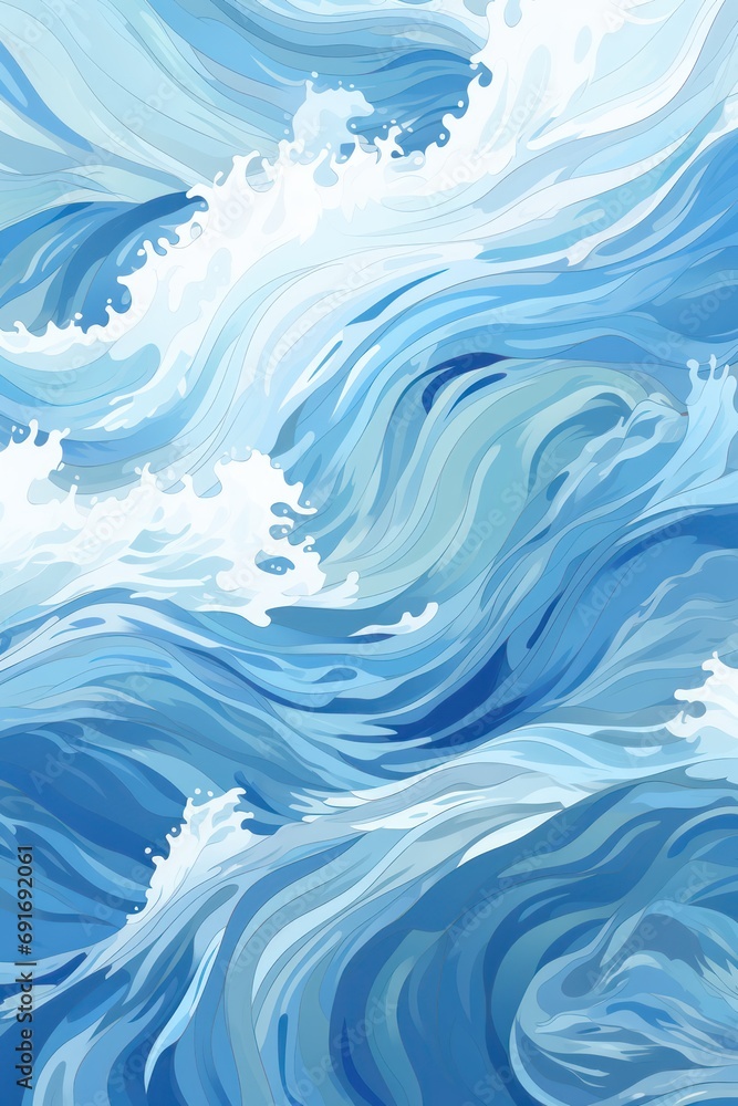 Stylized waves crashing in shades of ocean blue background