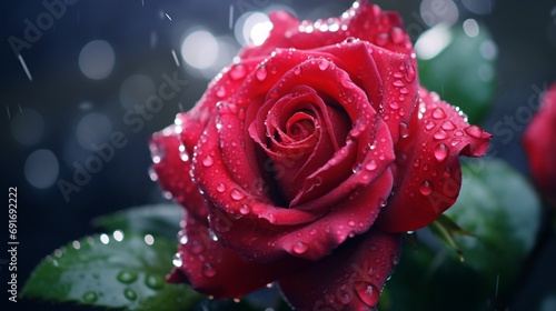 Droplets of rain on a blooming rose, capturing the delicate balance between nature and water