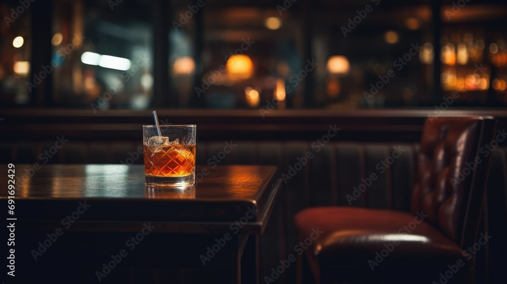 A whiskey glass with a straw on a bar table, warm ambiance