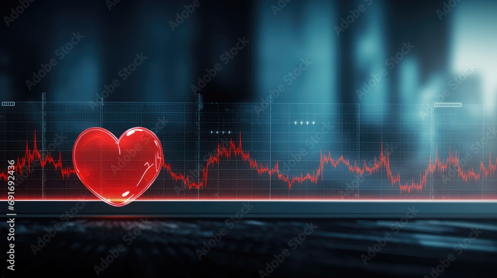 Glowing heart over a digital ECG line on a futuristic dark background ...