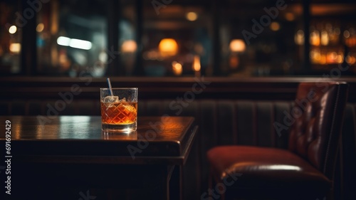A whiskey glass with a straw on a bar table, warm ambiance