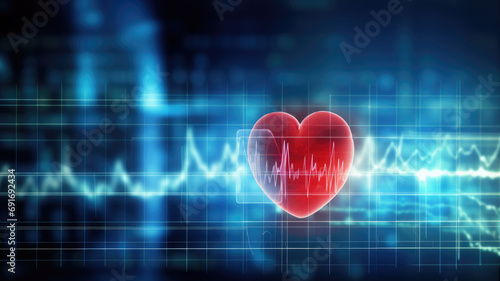 A 3D heart with an ECG line on a futuristic blue background photo