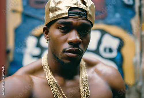 Shirtless muscular rapper with golden cap. Portrait of a hip hop artist, Graffiti wall background