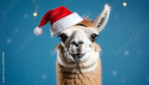 llama with a Christmas santa hat on a blue background Xmas created with generative ai © Chaudhry
