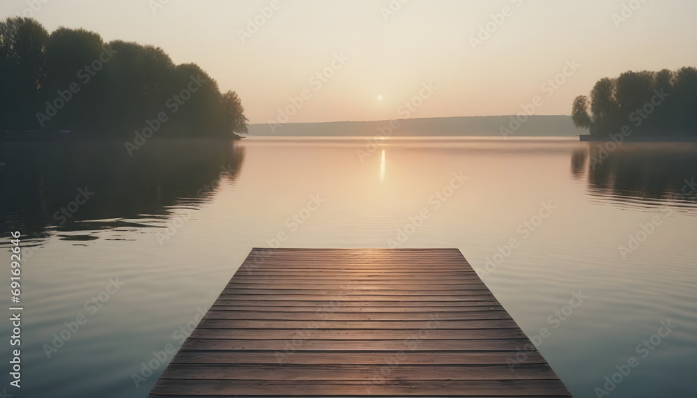 Relaxed morning at the lake on the jetty for sunrise created with generative ai