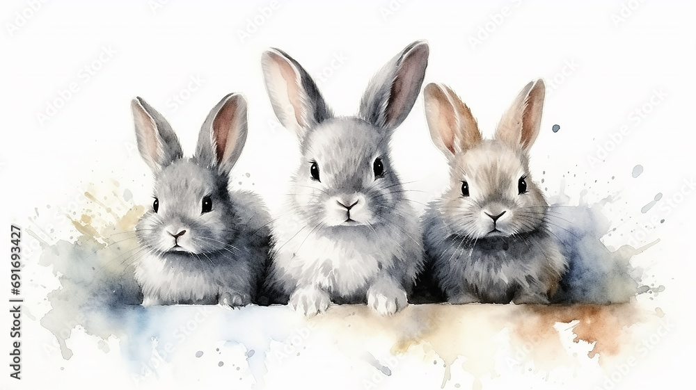 a group of watercolor rabbits isolated on a white background ...