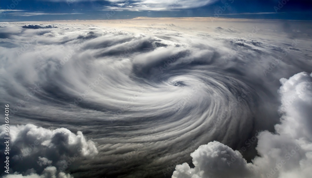 Large-scale aerial photo of a hurricane, clouds, and strong winds