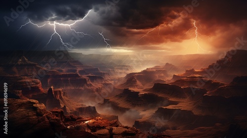 A dramatic stormy sky over a vast canyon, with lightning illuminating the rugged landscape below
