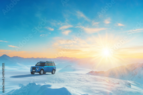 SUV on the background of a beautiful winter landscape, snow-capped mountains, bright sun and clean air, frosty freshness