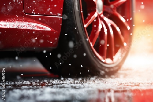 a red car wheel close-up on the background of a winter snow-covered road with ice, the concept of traffic safety on a slippery road photo