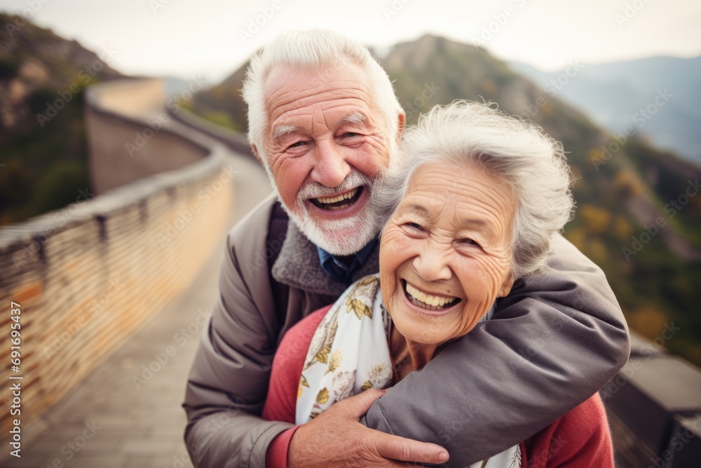 Heartwarming Embrace of Joyful Senior Couple on Scenic Overlook on Great Wall of China