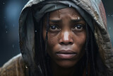 portrait of sad african american homeless woman in the rain