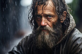portrait of elderly sad homeless man in the rain in the city on blurred background