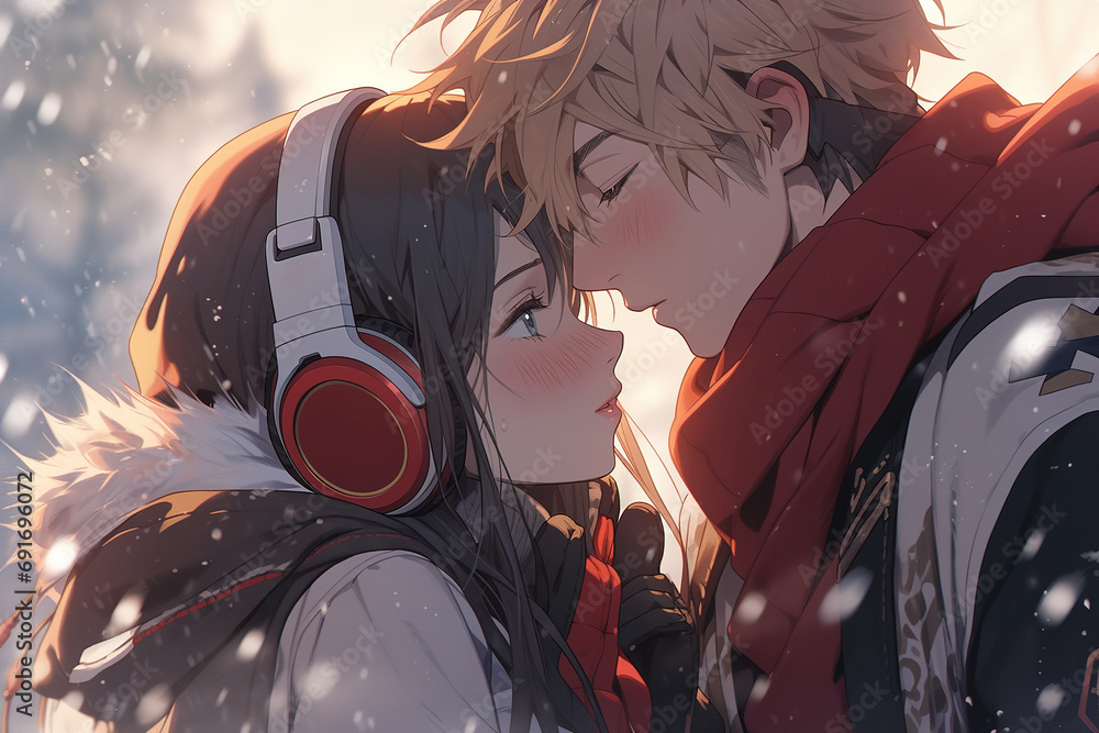 Fototapeta premium beautiful couple of embarrassed anime girl and boy in love under snowfall