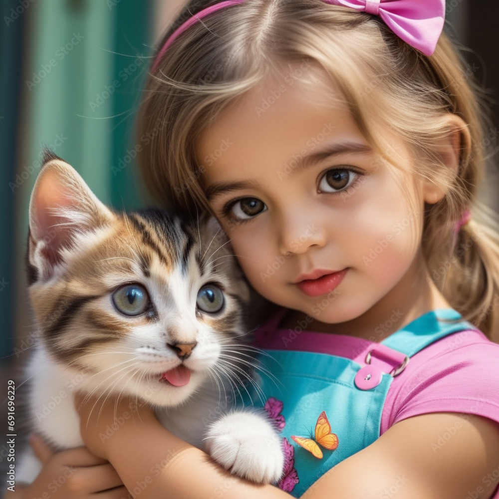Playful Pals: A Captivating 3D Portrait Featuring a Beautiful Girl and Her Cat Playful Pals: A Captivating 3D Portrait Featuring a Beautiful Girl and Her Cat