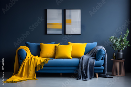 Interior con pared azul, sofá azul, cojines amarillos y azules y cuadros photo